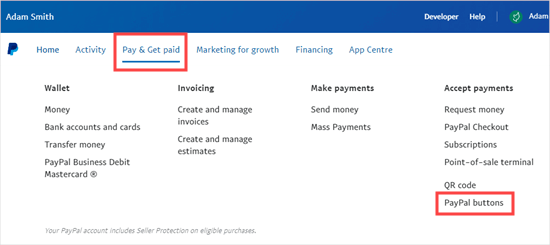 Selecting the PayPal Buttons menu option