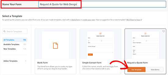 Select the Request A Quote form template