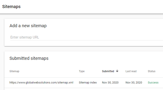 La tua sitemap dovrebbe apparire nella tabella dopo averla inviata a Google Search Console