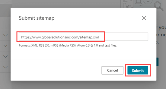 Entrar o URL do mapa do sítio para Bing