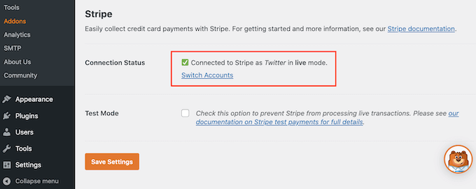 WPForms' Stripe connection status