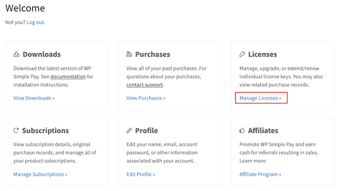 The WP Simple Pay account dashboard