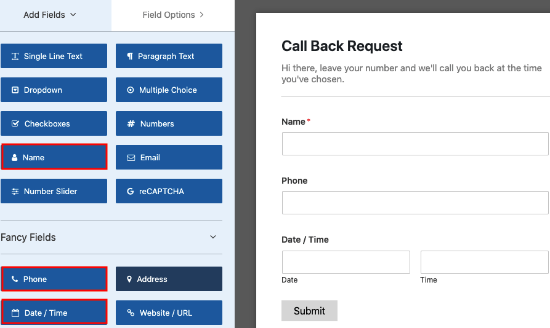 Add fields in WPForms