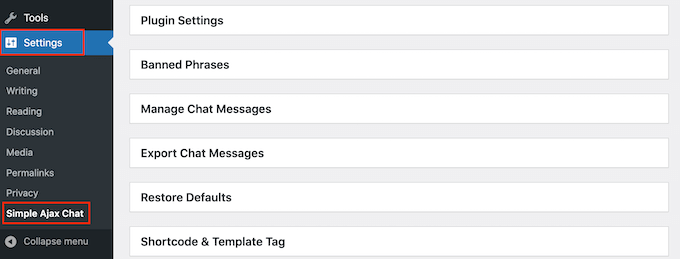 The Simple Ajax Chat plugin's settings