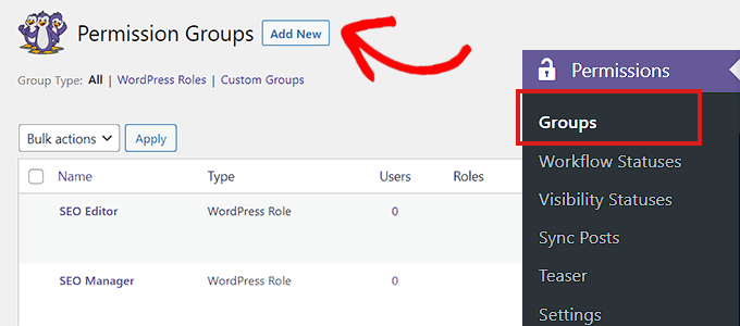 Click the Add New button to create a new permission group