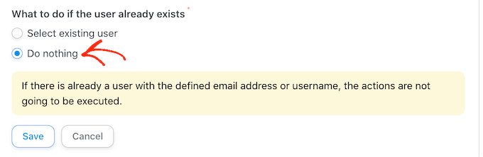Configuring what to do if the user already exists