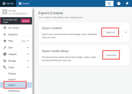 Exporting your website from WordPress dot com