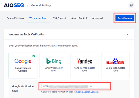 Entrar o seu código de verificação Google (a partir da meta tag HTML) no All in One SEO