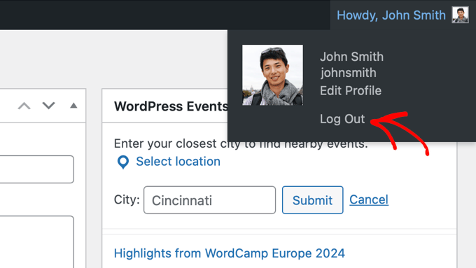 Log out link in WordPress admin bar