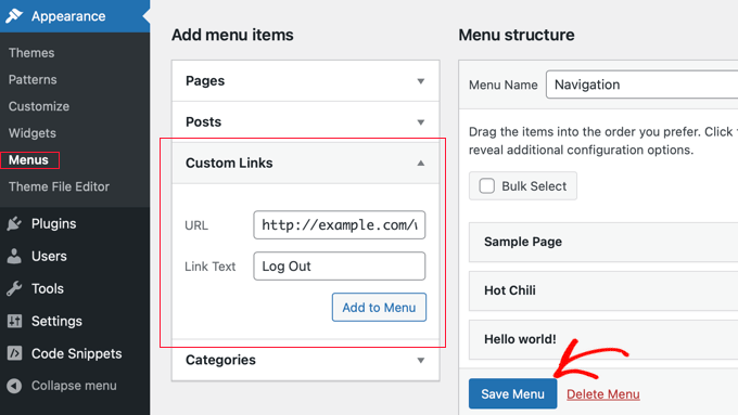 Logout link in navigation menu