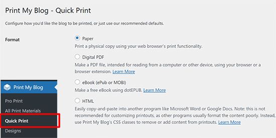 Print My Blog options