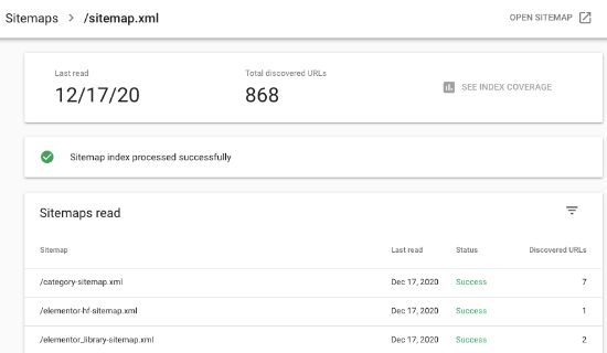 Sitemap stats in Google Search Console