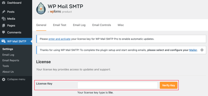 The WP Mail SMTP plugin settings page