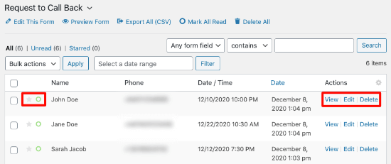 Star and circle feature to highlight and read in WPForms