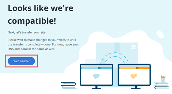 Click the Start Transfer button to begin exporting your website