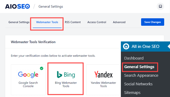 Seleccionando a opção Bing Webmaster Tools na página All in One SEO Webmaster Tools