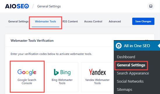 La page Webmaster Tools dans All in One SEO, pour sélectionner Google Search Console