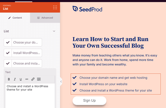 Um bloco de lista em SeedProd