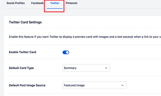 Turn on Twitter Card settings in AIOSEO