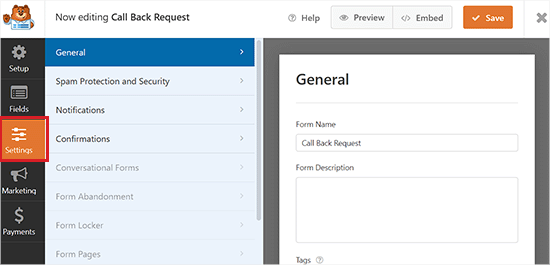 View form settings