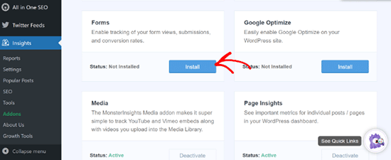 Install the Forms addon in MonsterInsights