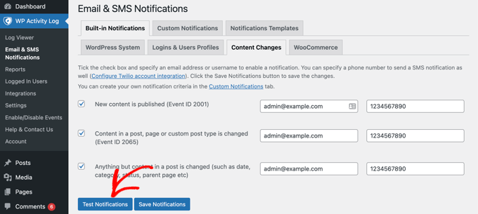 Test notifications in WordPress Activity Log