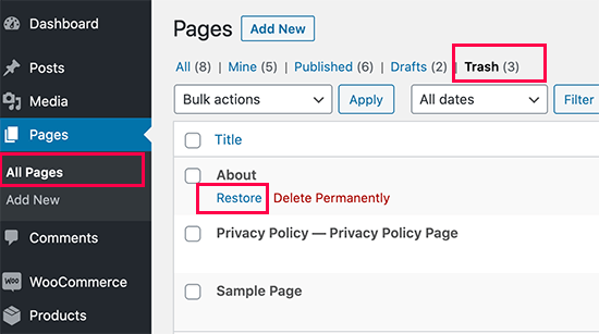 Restore deleted pages