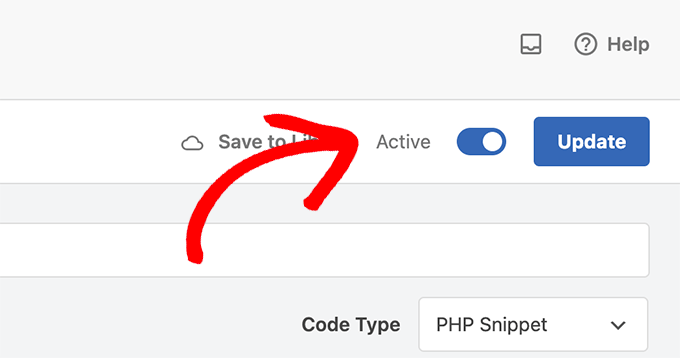 将代码片段切换为“活动”，然后单击 WPCode 中的“更新”