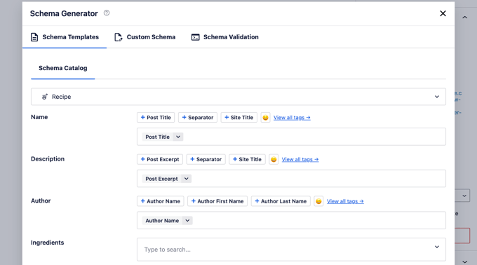 Additional fields to enter recipe schema information