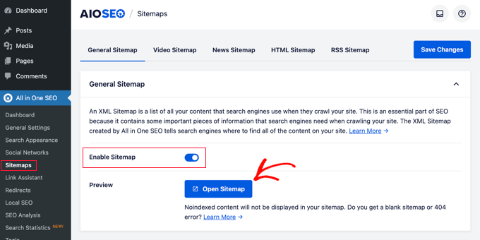 Sitemap settings in All in One SEO