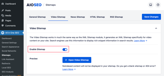 Enabling video sitemaps in All in One SEO for WordPress