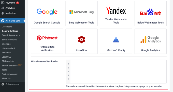 Miscellaneous Verification section in All in One SEO
