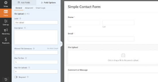 Edit file upload form field settings