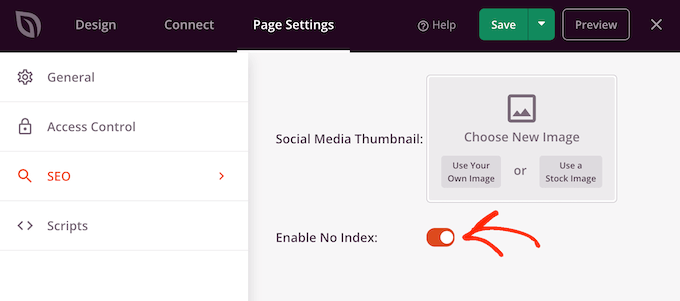 Enabling the 'no index' SEO settings