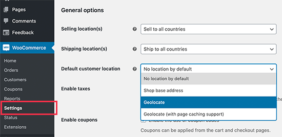 Impostazioni di geolocalizzazione in WooCommerce