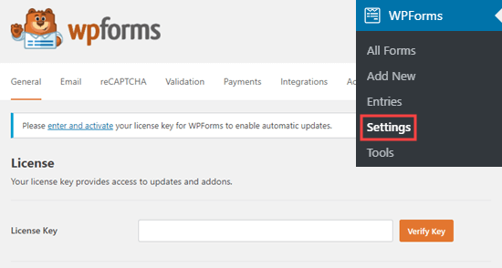 Immettere la chiave di licenza di WPForms