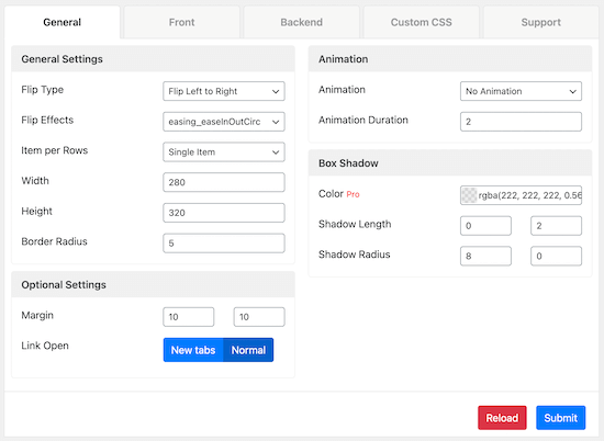 منوی تنظیمات کلی Flipbox