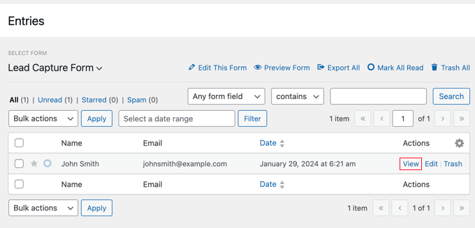 View an entry in WPForms