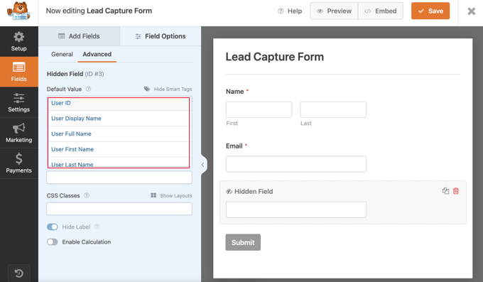 Track logged in user data in WPForms