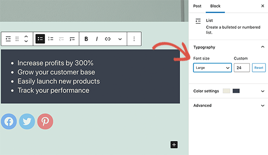 Dimensioni dei caratteri in più posizioni in WordPress 5.7