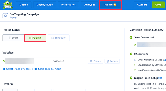 Publish your geotargeting campaign in WordPress
