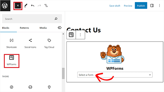 Select a form from the dropdown menu in the WPForms block