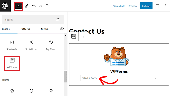 从 WPForms 块的下拉菜单中选择一个表单
