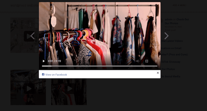 在 WordPress 网站的灯箱中看到的嵌入 Facebook 视频