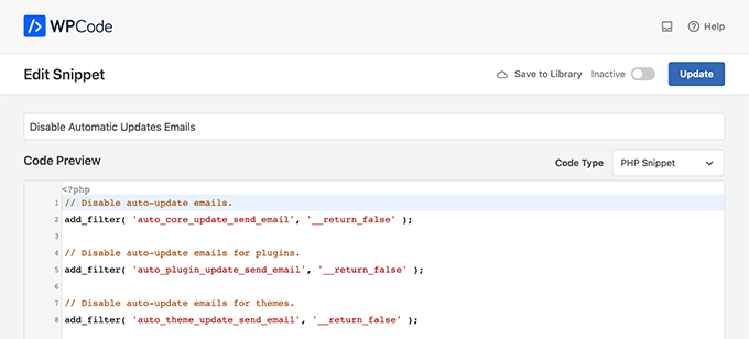 禁用 WPCode 中的自动更新电子邮件片段