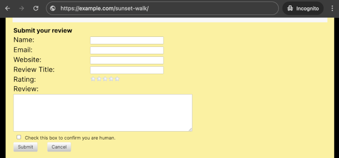 WP Customer Review's form on a live website