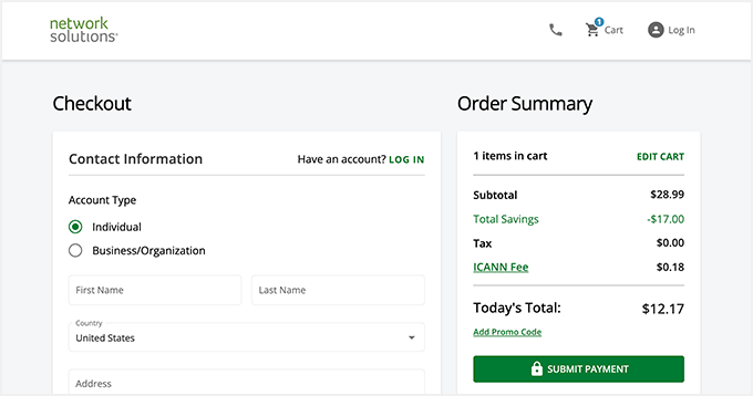 Network Solutions Checkout Page