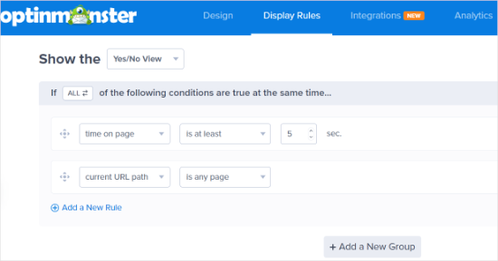 OptinMonster display rule settings