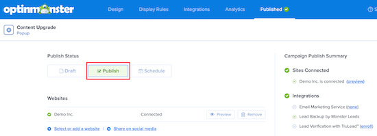Publish OptinMonster popup