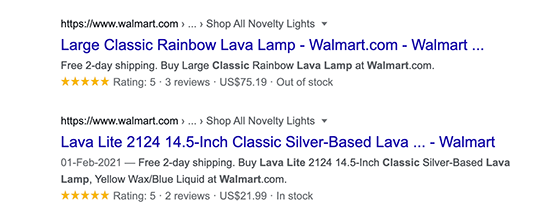 Product schema type example in search results